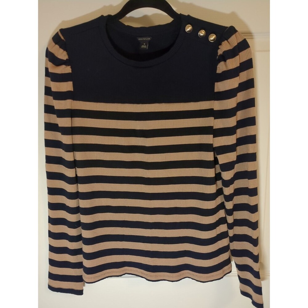 Ann Taylor Striped Strech Top Long Sleeve Size M Button Accent Lil Puff To Sleve